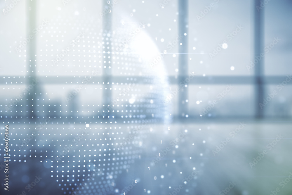 Poster multi exposure of abstract creative digital world map hologram on empty corporate office background,