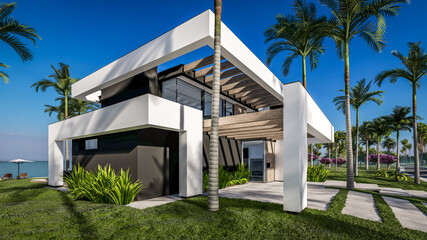 3d rendering of modern cozy house with pool and parking for sale or rent in luxurious style by the sea or ocean. Sunny day by the azure coast with palm trees and flowers in tropical island