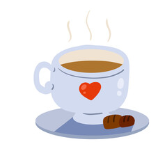 Cup of tea or coffee on saucer with candy. Cute cozy drawing. Breakfast and kitchenware with hot drink. Flat cartoon