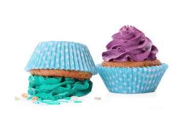 Dropped and good cupcakes on white background. Troubles happen