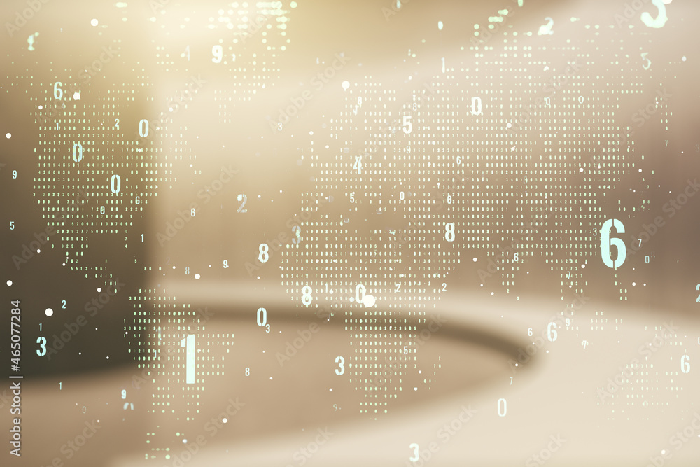 Poster multi exposure of abstract software development hologram and world map on empty modern office backgr