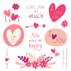 Fototapeta na wymiar Romantic Love you lettering calligraphy hand draw written set. I Love you phrases. Love expressions. Typography I Love you postcard.