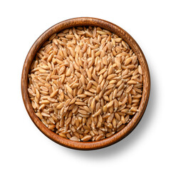 Wholegrain spelt farro in wooden bowl isolated on white background. View from above.