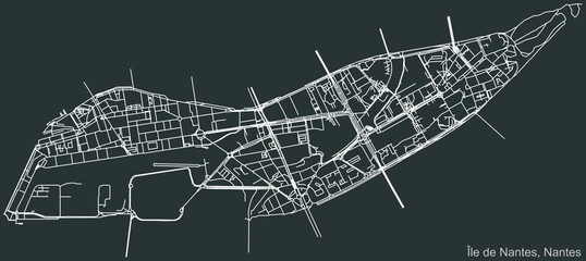 Detailed negative navigation urban street roads map on dark gray background of the Quartier Île de Nantes district of the French capital city of Nantes, France