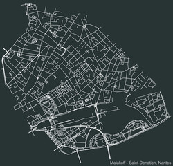 Detailed negative navigation urban street roads map on dark gray background of the Quartier Malakoff - Saint-Donatien district of the French capital city of Nantes, France
