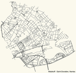 Naklejka na ściany i meble Detailed navigation urban street roads map on vintage beige background of the Quartier Malakoff - Saint-Donatien district of the French capital city of Nantes, France