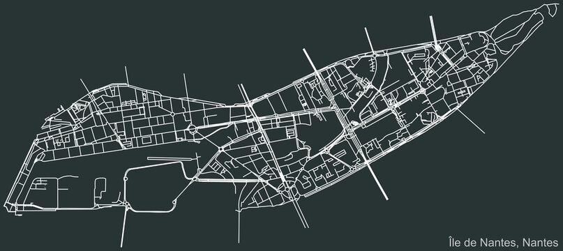 Detailed negative navigation urban street roads map on dark gray background of the Quartier &Icirc;le de Nantes district of the French capital city of Nantes, France