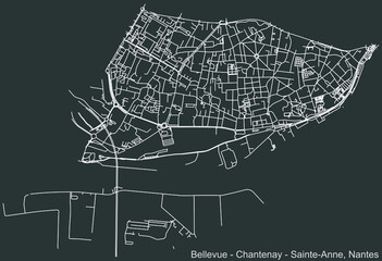 Detailed negative navigation urban street roads map on dark gray background of the Quartier Bellevue - Chantenay - Sainte-Anne district of the French capital city of Nantes, France