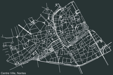 Detailed negative navigation urban street roads map on dark gray background of the Quartier Centre-ville district of the French capital city of Nantes, France