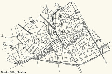 Detailed navigation urban street roads map on vintage beige background of the Quartier Centre-ville district of the French capital city of Nantes, France