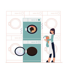 Woman washing clothes in washing machine. Flat vector illustration