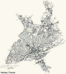 Detailed navigation urban street roads map on vintage beige background of the French regional capital city of Nantes, France
