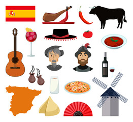 Vector objects associated with Spain. Illustrations of spanish landmarks in modern flat style.