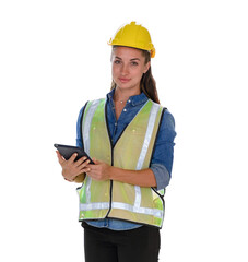 Portrait of female construction engineer workers in yellow hardhat with a tablet computer isolated on white background. Looking at camera.