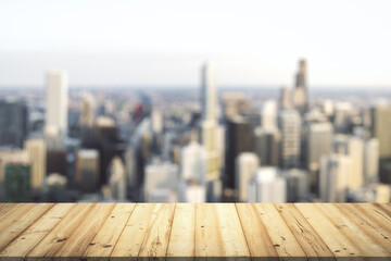 Table top made of wooden dies with beautiful blurry cityscape on background, mockup