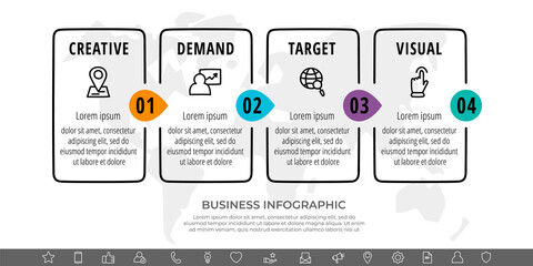 Vector line infographics with four rectangles and arrows. Flat chart process template with 4 icons. Modern timeline for business project, presentation, web, diagram, content
