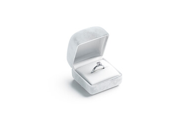 Blank white box with silver diamond ring stand mockup, isolated