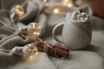 Hot cocoa with marshmallows and cinnamon sticks with christmas lights at night