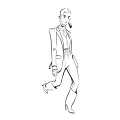 Androgyny and queer fashion exploring everything in between masculinity and femininity. Fashion illustration of a non binary person in a suit and high heels.  - obrazy, fototapety, plakaty