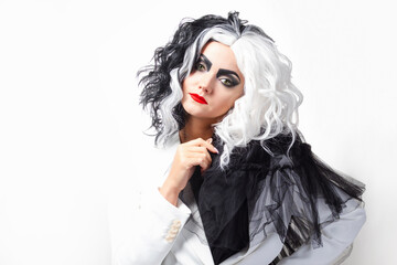 A charismatic unusual woman in a black and white outfit with black and white hair, a bold and...