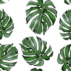 Monstera leaves seamless pattern on isolated white background. Tropical green leaves. Summer time. Raster illustration in style of realism.