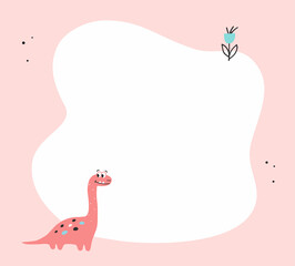 Fototapeta premium Cute hand drawn dinosaur with frame. Template for text or photo. Suitable for invitations, kindergarten, preschool. Vector illustration.