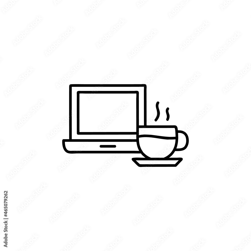 Canvas Prints coffee cup and laptop icon  in flat black line style, isolated on white 