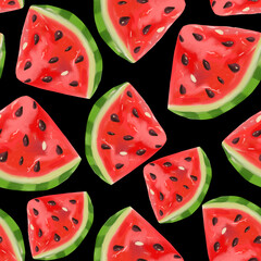 Watermelon seamless pattern on black background. Berry juicy print. Summer time. Raster illustration in style of realism.