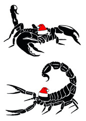 Image of Two scorpions in santa claus red hat on white background, vector new year element,graphics printed on Printed Glass Splashbacks