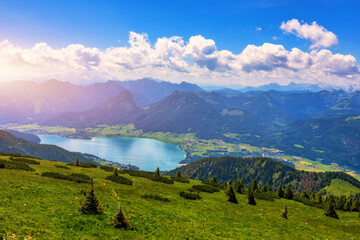 View of Wolfgangsee lake from Schafberg mountain, Austria. Wolfgangsee Lake from alp mountain Schafberg. Sankt St. Wolfgang im in Salzkammergut, Ried, Salzburgerland, Austria.