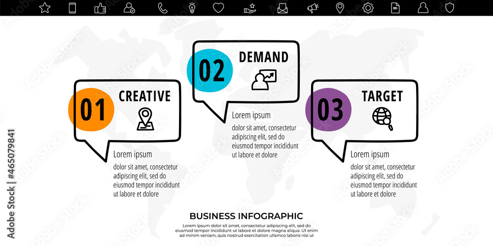 Poster hand drawn vector modern infographics with dialog box and circle. business timeline 3 steps by step.