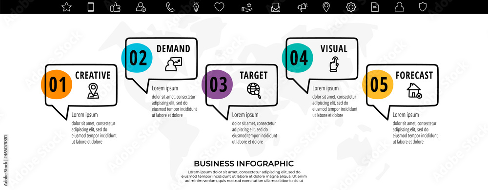 Poster hand drawn vector modern infographics with dialog box and circle. business timeline 5 steps by step.