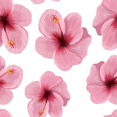 Hibiscus seamless pattern on an isolated white background. Tropical pink flower. Summer time. Raster illustration in style of realism.