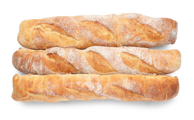 Crispy French baguettes on white background, top view. Fresh bread