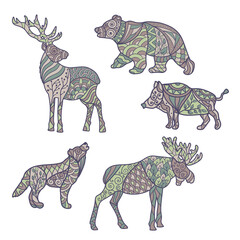 Set of forest animals with abstract patterns