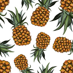 Pineapple seamless pattern on an isolated white background. Tropical brown fruit. Summer time. Raster illustration in style of realism.