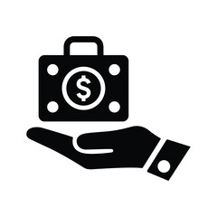 Briefcase, money, hand icon. Black vector graphics.