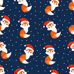 Christmas texture with festive foxes and snow. Vector illustration of Merry Christmas and Happy New Year. Seamless pattern. Winter holiday.