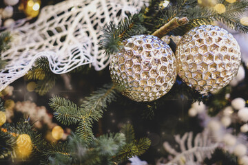 Vintage balls and light on christmas tree with matt effect
