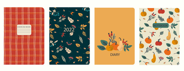 Fototapeta na wymiar Cover page templates based on patterns with pumpkins, berries, leaves, and plaid pattern. Thanksgiving concept. Backgrounds for notebooks, notepads, diaries. Headers isolated, replaceable