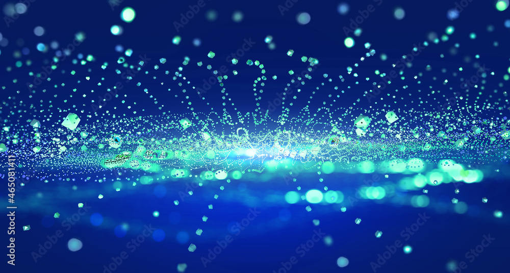 Poster Big Data concept. Blockchain 3D illustration. Information Waves and the Global Database. Neural networks and artificial intelligence. Abstract technological background