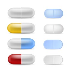 Pills realistic. Medicines tablets, capsules and drugs. Antibiotic, colorful vitamins or painkillers, round pharmacology cure chemistry, pharmacy 3d elements. Vector isolated set