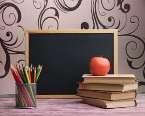 Organized office and school, stationery, notebooks on the desk
