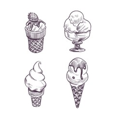 Sketch style ice cream. Retro waffles cone and frozen creamy desserts and sundae. Cold summertime food with strawberry and chocolate, cafe or restaurant menu vintage vector isolated set