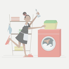 Vector illustration, woman laundry clothes with machine.
