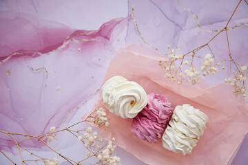 Feminine background, pink and white marshmallow with decoration of gypsophila. Cozy winter weekends. Homemade sweets. Top view. Copy space
