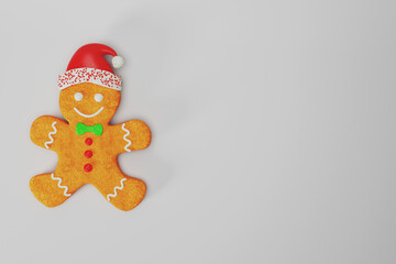 Traditional gingerbread man with icing Christmas new year cookies, flat lay pattern on grey background,  isolated with free copy space for text mockup