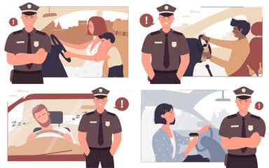 Police warning about risk of driving accident on road or city street vector illustration set. Cartoon policeman character and tired sleepy drunk drivers, family in automobile. Driving safety concept
