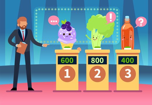Advantage vegetables. Intellectual contest leader. Cartoon food characters competition. Benefits of healthy meal. Erudition tournament television show. Celery winner mascot. Vector concept