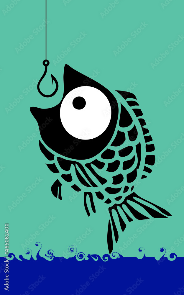 Canvas Prints Fish and fishing hook. Vector cartoon illustration.